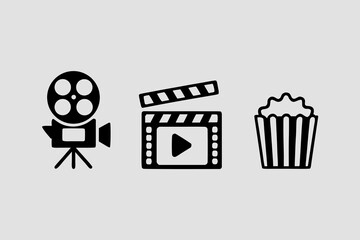 A illustration, Silhouette  featuring three icons related to cinema, arranged horizontally across a light gray background.