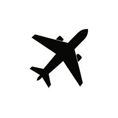 A simple, minimalist vector, Silhouette icon of an airplane is centered against a solid, light gray background. 