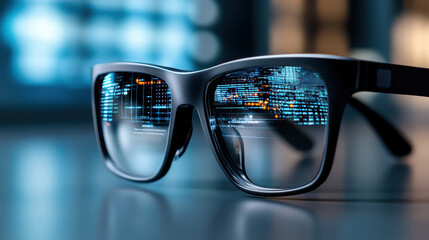 Smart glasses display digital interface with vibrant graphics and data visualization