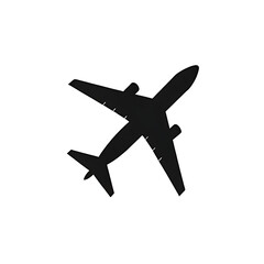 A simple, minimalist vector, Silhouette icon of an airplane is centered against a solid, light gray background. 