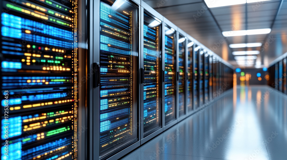 Poster high tech data center with illuminated server racks and modern design