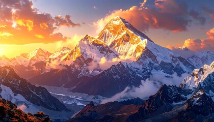 Sunrise over snowy peaks.