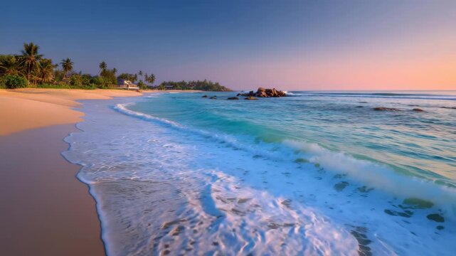 Relax at a tropical beach as the sun sets, casting warm colors over the water and sand. Gentle waves lap at the shore, creating a peaceful atmosphere ideal for unwinding and appreciating nature