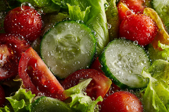 Fresh cucumber slices, cherry tomato and green lettuce salad with water droplets, vibrant healthy vegetable close up