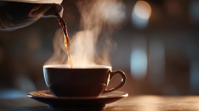 A close-up of hot coffee being poured into a black cup. Steam rises from the cup in a warm and inviting atmosphere. This scene captures the comfort of morning coffee moments