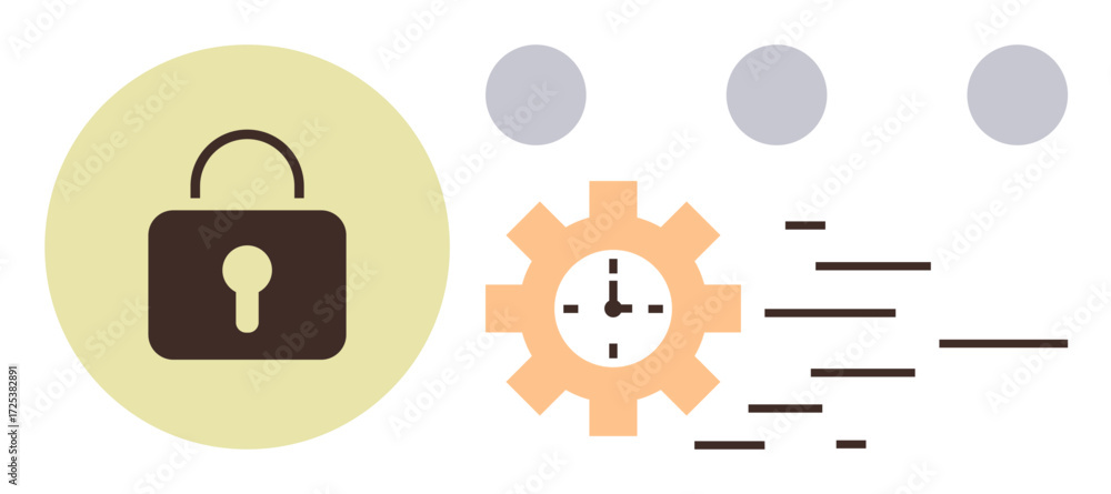 Poster lock icon for protection, orange gear with clock for time management, and floating dots for process 
