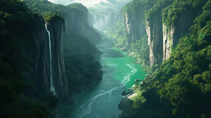 Green sparkling river with steep cliffs and lush greenery in sunlight
