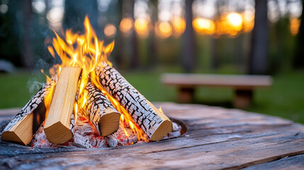 Fototapeta premium Vibrant campfire crackles with flames, illuminating logs and creating warm atmosphere