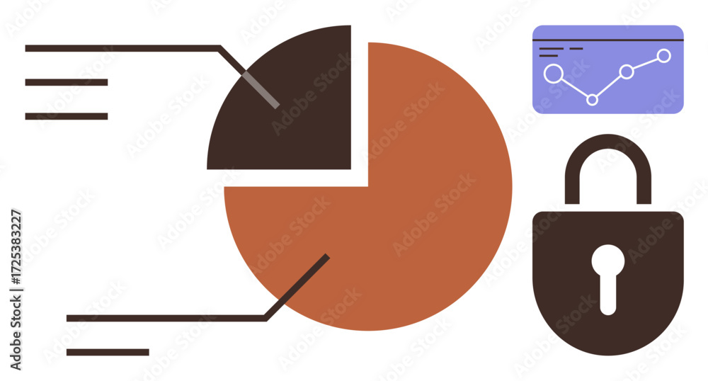 Poster pie chart representing data analysis, padlock signifying security, and analytics card highlighting t