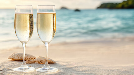 Charming champagne glasses on sandy beach, sparkling bubbles reflect sunset glow