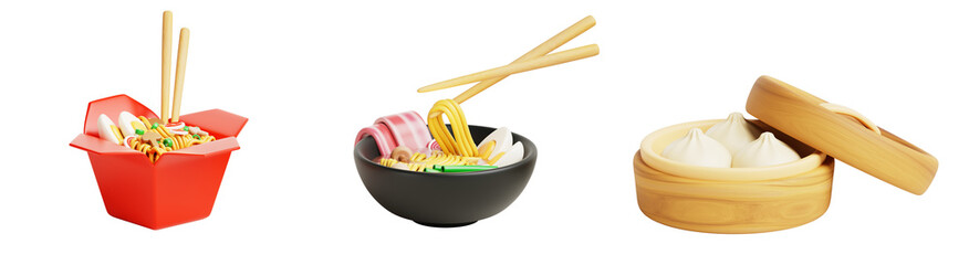 Traditional asian food set - noodle wok in paper box, ramen soup in bowl with chopsticks, baozi bao in bamboo steamer. Chinese, korean, japanese dishes, isolated realistic render icon