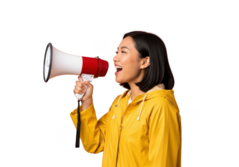Woman in yellow jacket loudly speaking into a megaphone announcing information isolated on transparent background