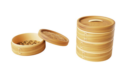 Bamboo steamer with open lid and stack of wooden baskets. Empty round steamed rack for cooking asian food. Traditional chinese, japanese, korean, vietnamese kitchen utensil render set