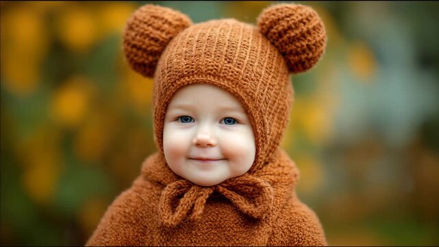 A small child wearing a cozy bear hat and matching outfit smiles joyfully while playing in a park filled with colorful autumn leaves. The cheerful expression perfectly captures the seasonal joy