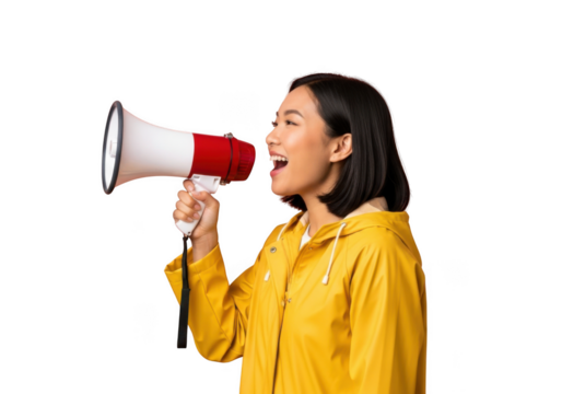 Woman in yellow jacket loudly speaking into a megaphone announcing information isolated on transparent background