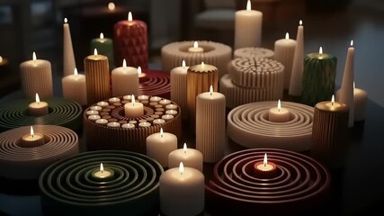 A collection of lit candles in various shapes and sizes creating a warm ambiance. - Powered by Adobe