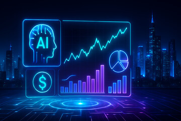 AI financial dashboard neon futuristic holographic data visualization business technology city background analytics charts graphs dollar symbol artificial intelligence digital economy growth performan