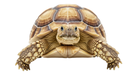 Isolated African spurred tortoise, Sulcata tortoise, adorable animal facing forward in studio