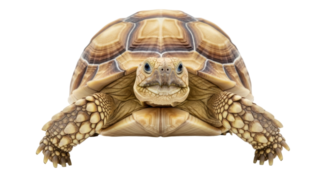 Isolated African spurred tortoise, Sulcata tortoise, adorable animal facing forward in studio