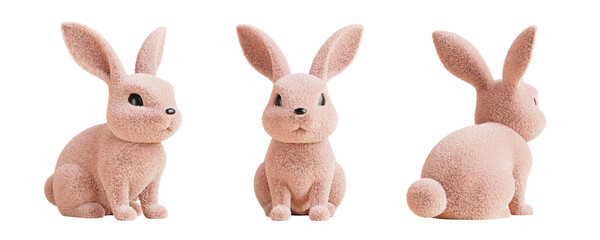 3d cute rabbit front side back view set. Bunny cartoon character, hare kids toy. Soft plush animal with fur texture for easter, christmas, chinese new year, mid autumn festival design