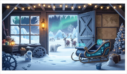 Vector art of santas workshop in the arctic wonderland