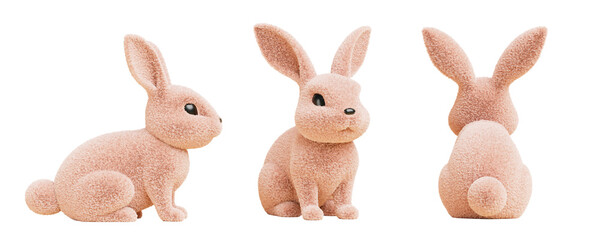 Fototapeta premium Cute fluffy rabbit front, side and back view. Adorable pink bunny with fur texture. Easter symbol isolated on beige 3d background. Kids toy, soft plush hare, cartoon animal render set