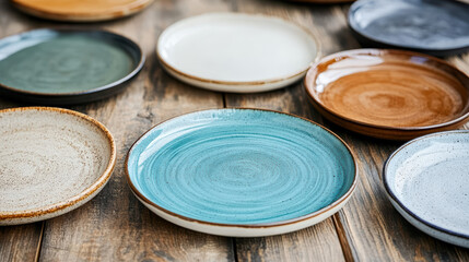 Colorful plates arranged on wooden table create vibrant and inviting atmosphere