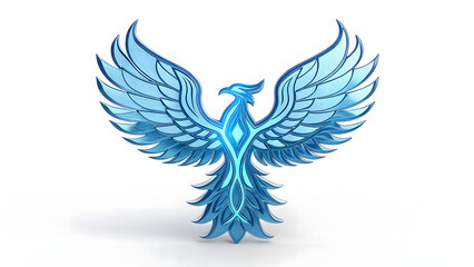 Fototapeta premium Shiny blue holographic phoenix icon with glowing glass effect and wide wings isolated on white background
