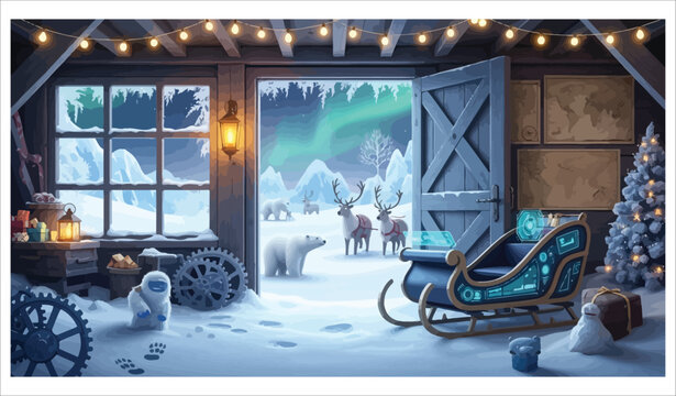Vector art of santas workshop in the arctic wonderland
