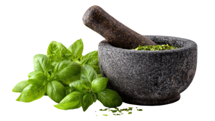 Mortar with herbs basil pestle stone kitchen cooking spice grinder culinary tool traditional food preparation aromatic seasoning ingredient isolated on white background