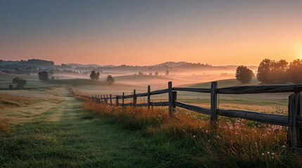 Autumn sunrise over an idyllic farm landscape with green pastures and fields. sun is rising behind a low fog line across the horizon, ong shadows on rustic wooden fenc.e distant trees, peaceful and se