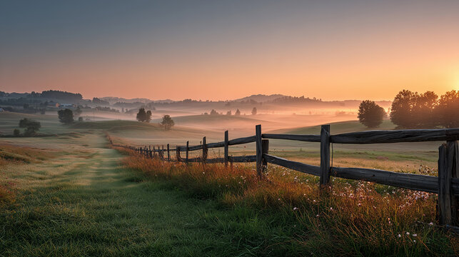 Autumn sunrise over an idyllic farm landscape with green pastures and fields. sun is rising behind a low fog line across the horizon, ong shadows on rustic wooden fenc.e distant trees, peaceful and se