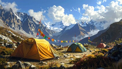 Tents camp under mountains