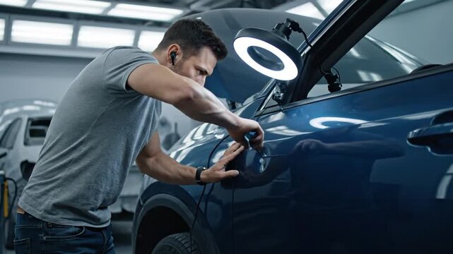 Focused Man Repairing Blue Car Dent in Brightly Lit Garage with Ring Light