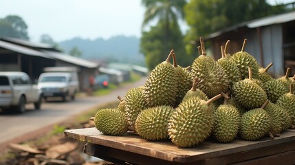 Durian fruits pile on wooden platform