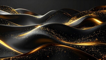 Abstract Elegant Wave Design with Golden Sparkles, Dark Background, Luxurious Style Concept