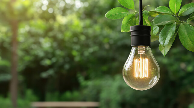 Bright eco friendly light bulb hanging among green leaves, illuminating natural surroundings
