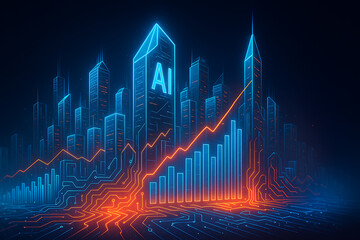 AI financial city skyline futuristic neon holographic data visualization technology artificial intelligence business growth stock market analytics digital economy innovation investment performance