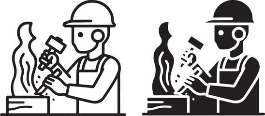 Blacksmith Forging Metal with Hammer and Anvil Icon, Line Art and Silhouette Style