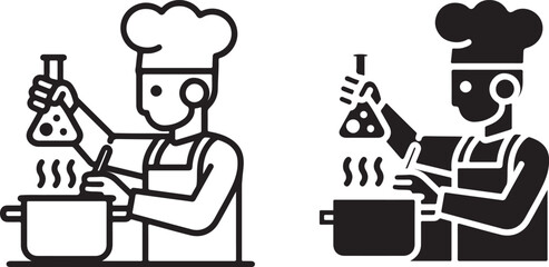 Chef Mixing Ingredients with Laboratory Flask Icon, Line Art and Silhouette Style