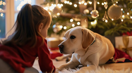 A heartwarming scene of a child and a playful dog interacting near a beautifully decorated Christmas tree, encapsulating the joy and innocence of the holiday season.