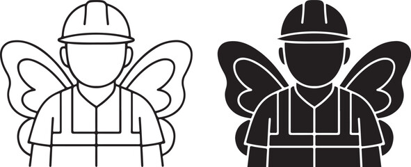 Construction Worker with Butterfly Wings Icon, Line Art and Silhouette Style
