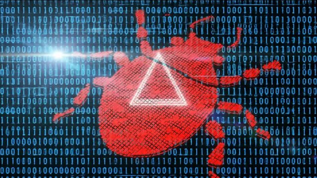 Red Computer Bug with Triangle Symbol on Blue Binary Code Background Data Breach Concept Virus Infection Software Error Illustration Network Security Threat