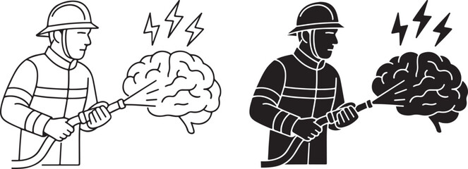 Firefighter Extinguishing Brain Stress with Hose Icon, Line Art and Silhouette Style