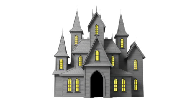 Isolated Halloween House. Spooky gothic mansion with towers, windows with glowing yellow light.