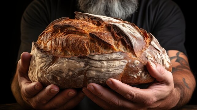 Baker presents artisanal sourdough bread loaf