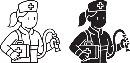 Nurse with First Aid Kit and Stethoscope Icon, Line Art and Silhouette Style