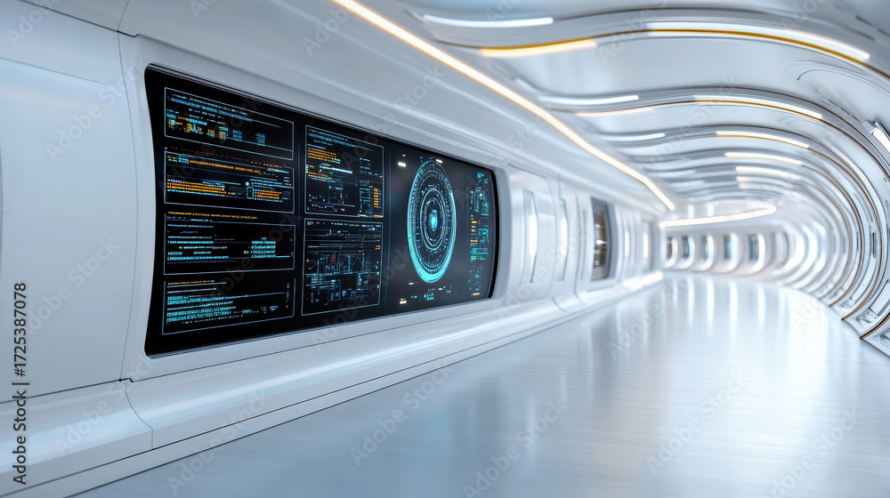 Poster futuristic spaceship control dashboard with sleek design and glowing screens