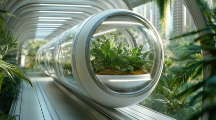 Futuristic greenhouse with transparent pod showcasing lush greenery and modern architecture