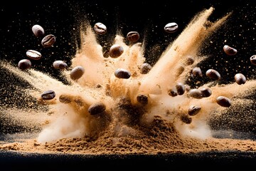 Coffee Beans Explosion Brown Powder Burst Black Background